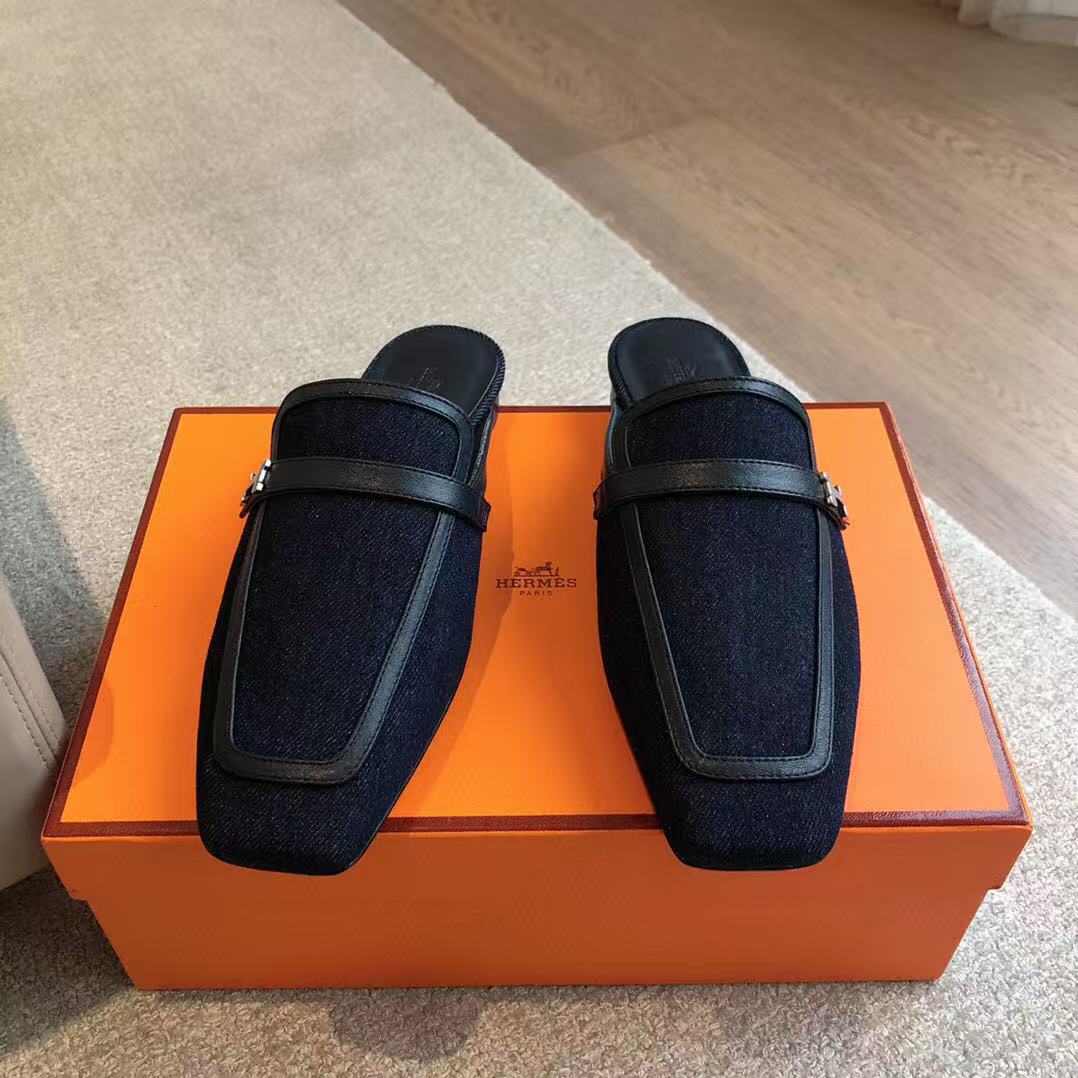 Hermès Pre-Owned Logo-buckle Loafers Blue Black Denim Leather