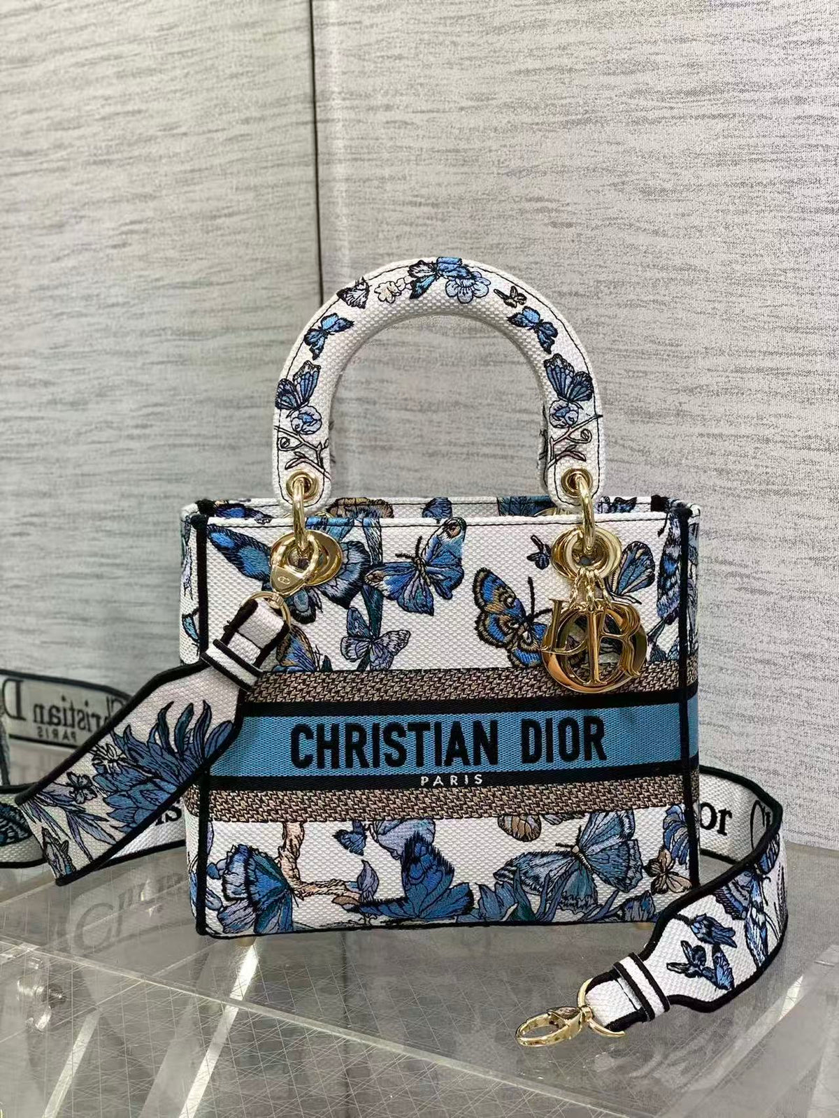 CD 2025 Butterfly Book Tote Blue White Canvas