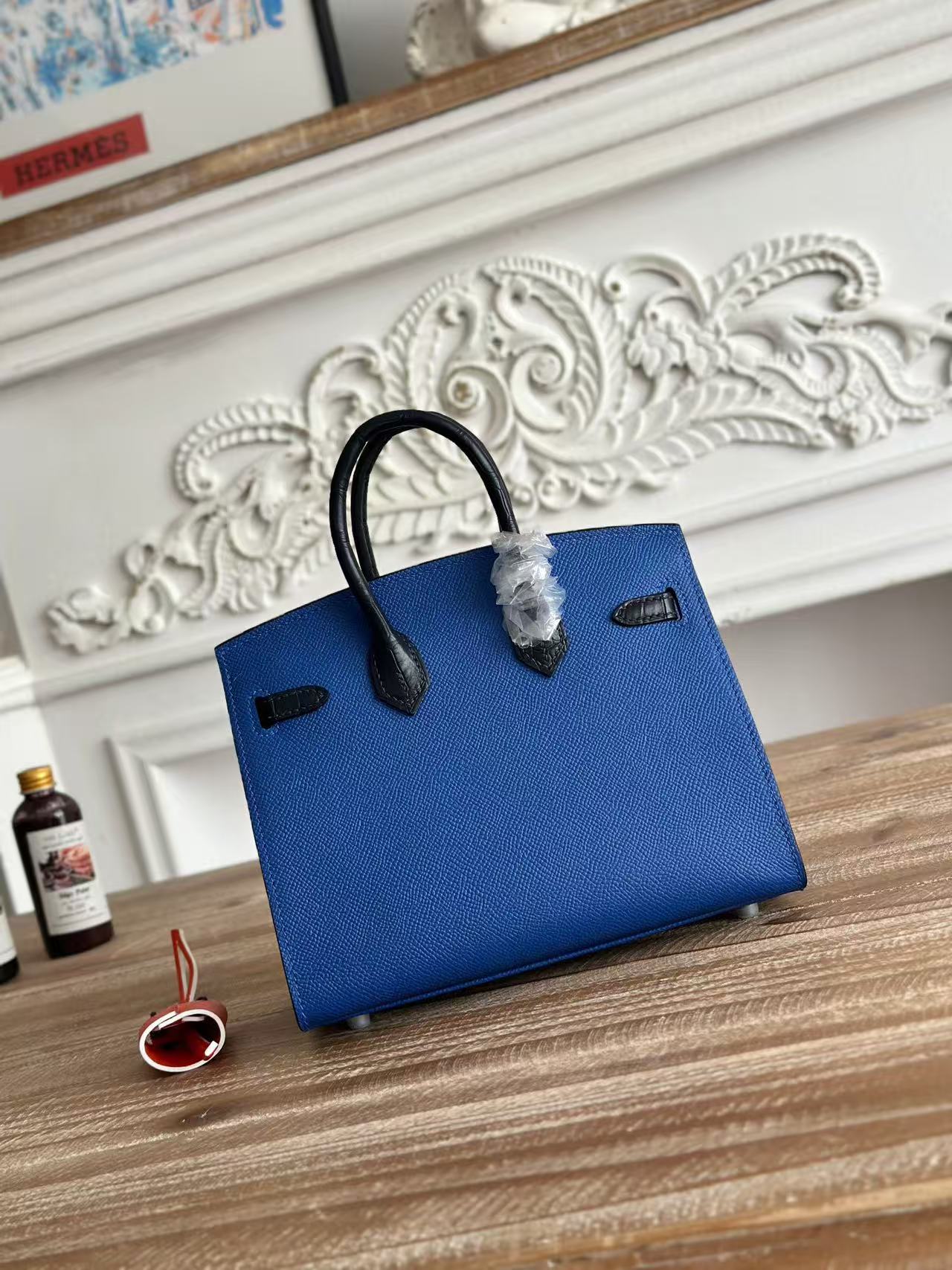 HM Birkin Faubourg 20 Black Blue Espom Alligator Embossed Leather