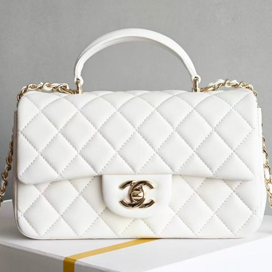 Chanel Flap With Top Handle 20cm White Lambskin