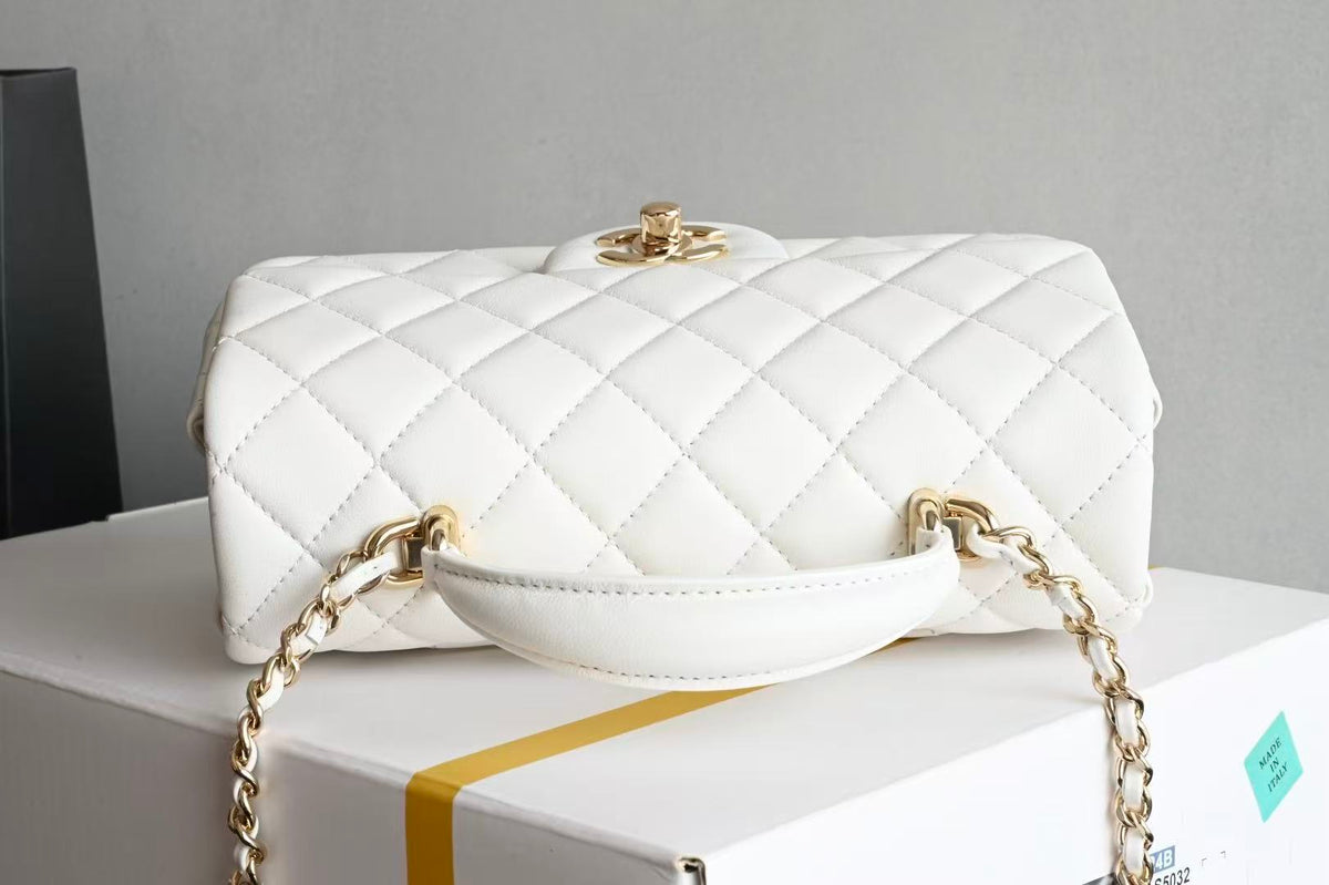 Chanel Flap With Top Handle 20cm White Lambskin