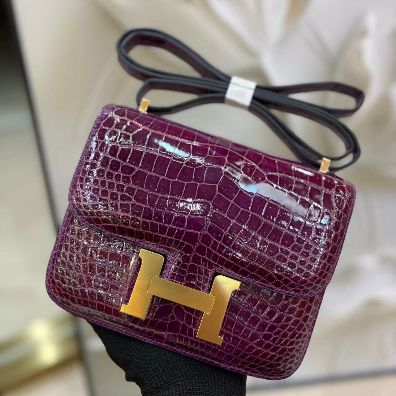 HM Constance Bag 18cm Crocodile Purple Patent Leather (15 days production)