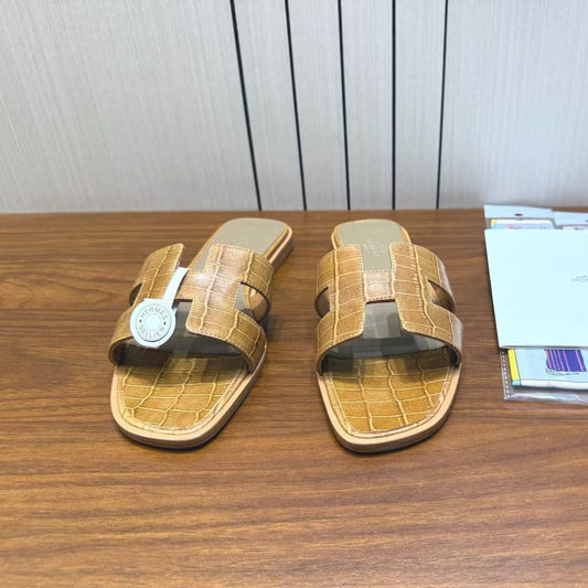 HM 26s Oran Slides Wood Crocodile-Embossed Leather