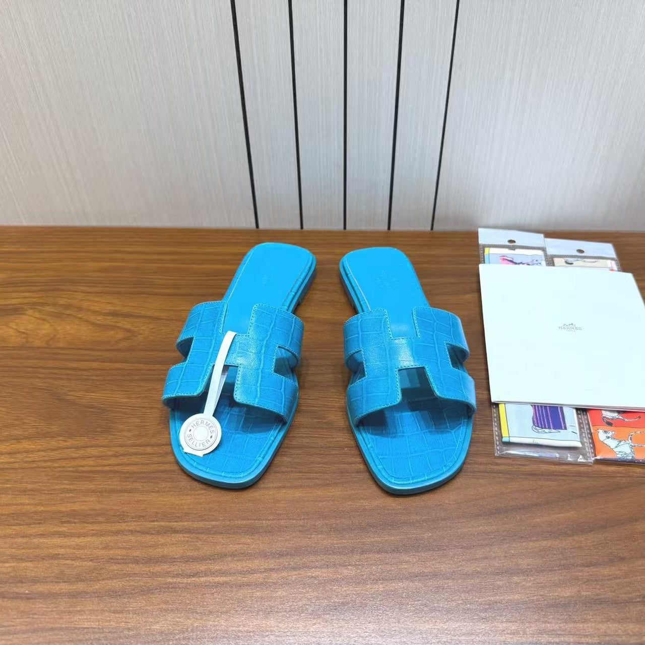 HM 26s Oran Slides Blue Crocodile-Embossed Leather