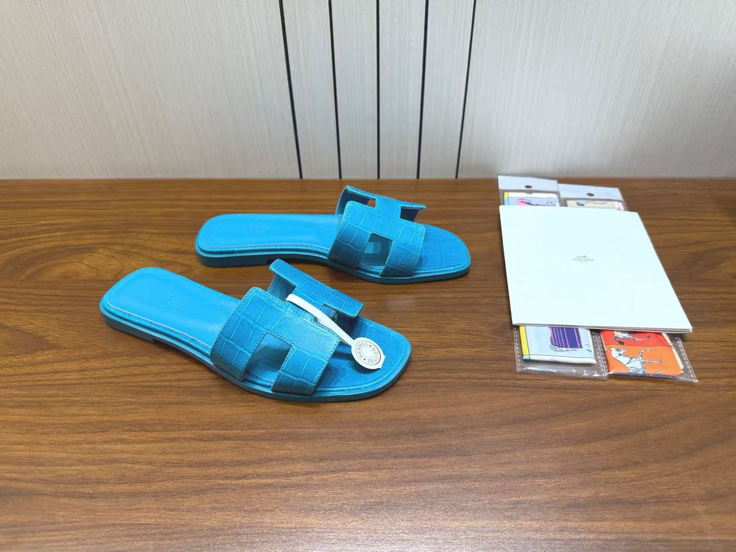 HM 26s Oran Slides Blue Crocodile-Embossed Leather