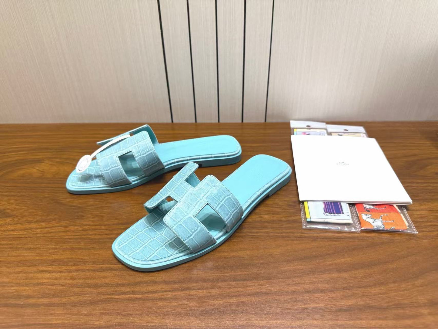 HM 26s Oran Slides Light Blue Crocodile-Embossed Leather