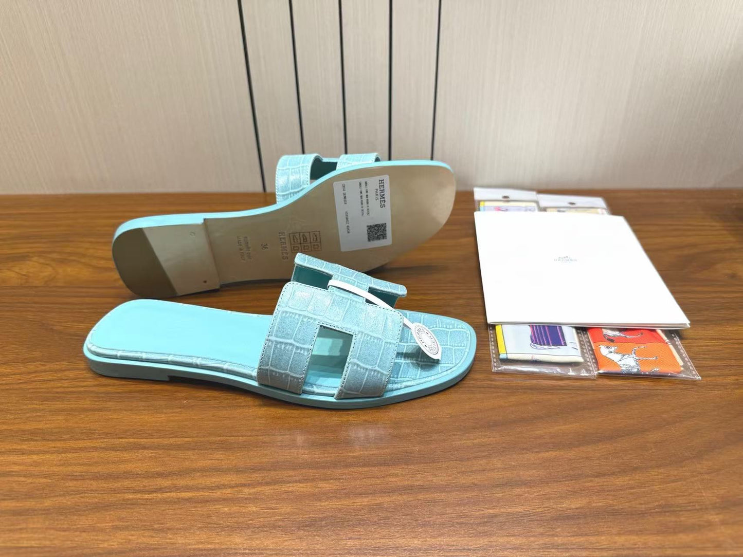 HM 26s Oran Slides Light Blue Crocodile-Embossed Leather