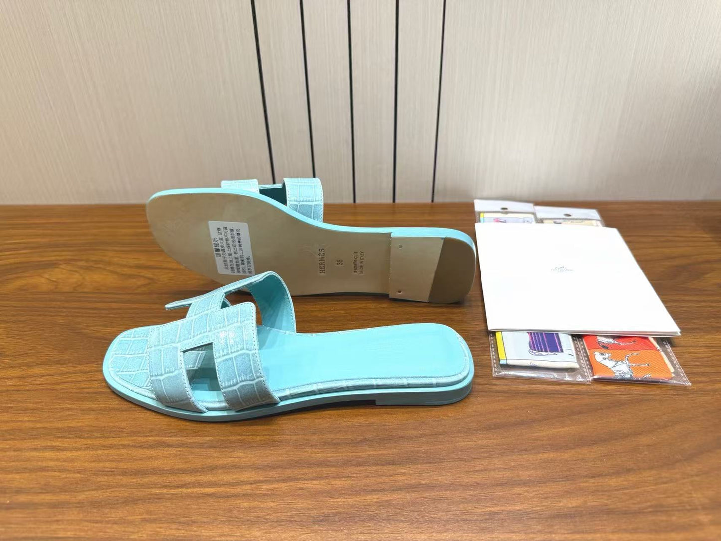 HM 26s Oran Slides Light Blue Crocodile-Embossed Leather