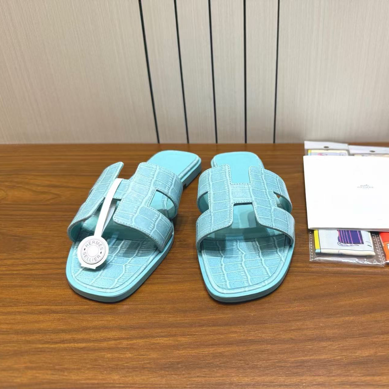 HM 26s Oran Slides Light Blue Crocodile-Embossed Leather