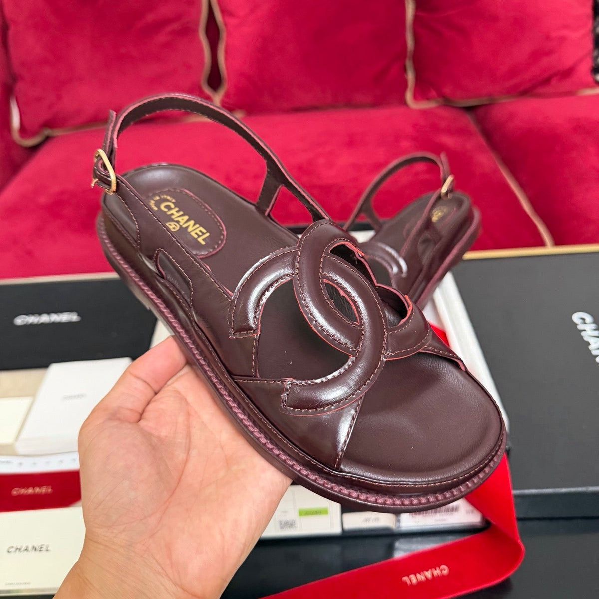 CC 26s Casual Sandals Burgundy Crumpled Shiny Lambskin