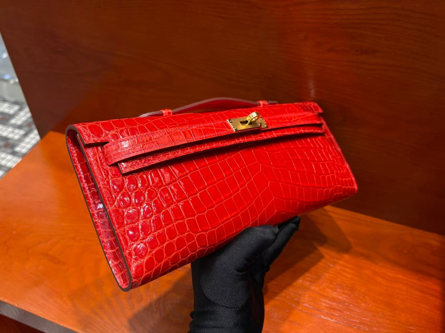 HM Kelly Cut 31cm Red Patent Crocodile Leather