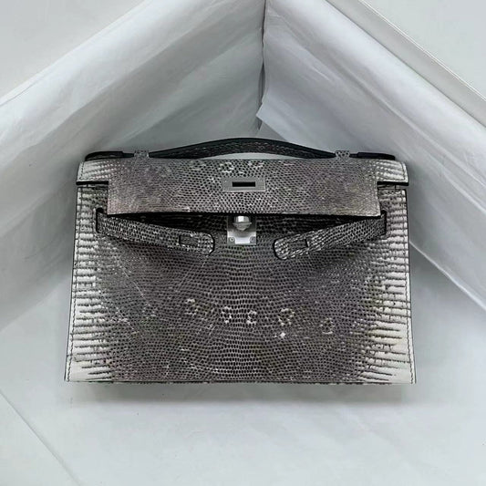 HM Kelly 22cm Black White Pochette Lizard