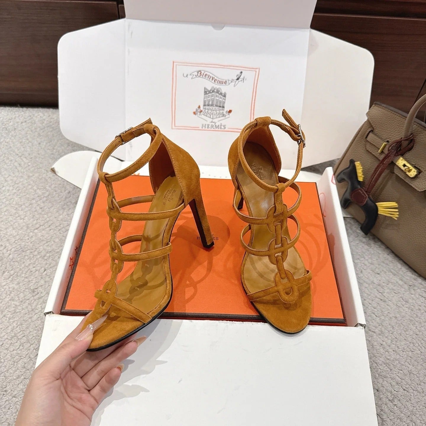 HM 26ss High Heels Sandals 10.5 Light Brown Suede 686014