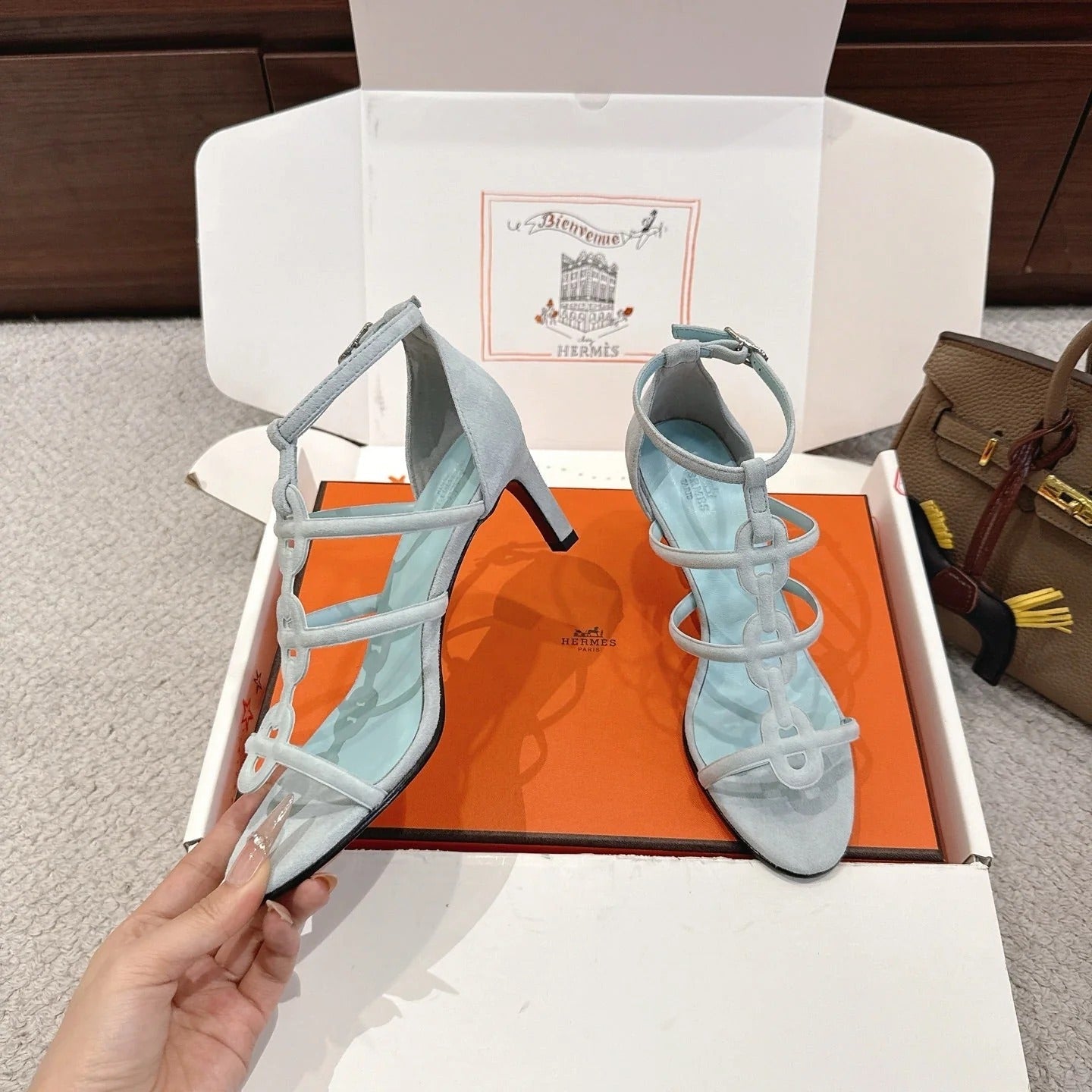 HM 26ss High Heels Sandals 70 Baby Blue Suede 686009
