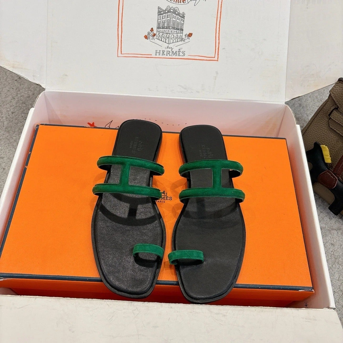 Hermes Georgia Sandals Green in Suede 685985