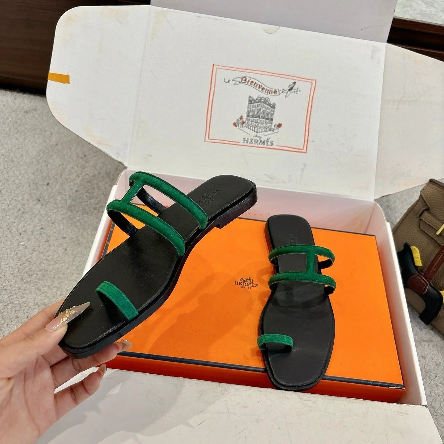 Hermes Georgia Sandals Green in Suede 685985
