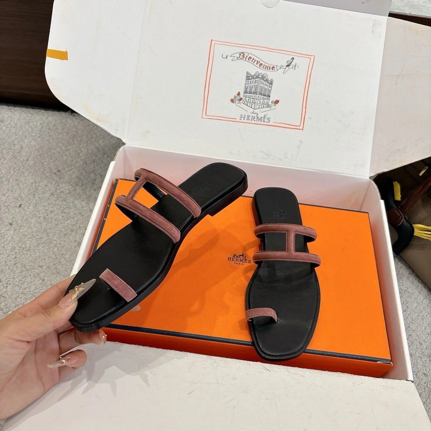 Hermes Georgia Sandals Brown in Suede 685984