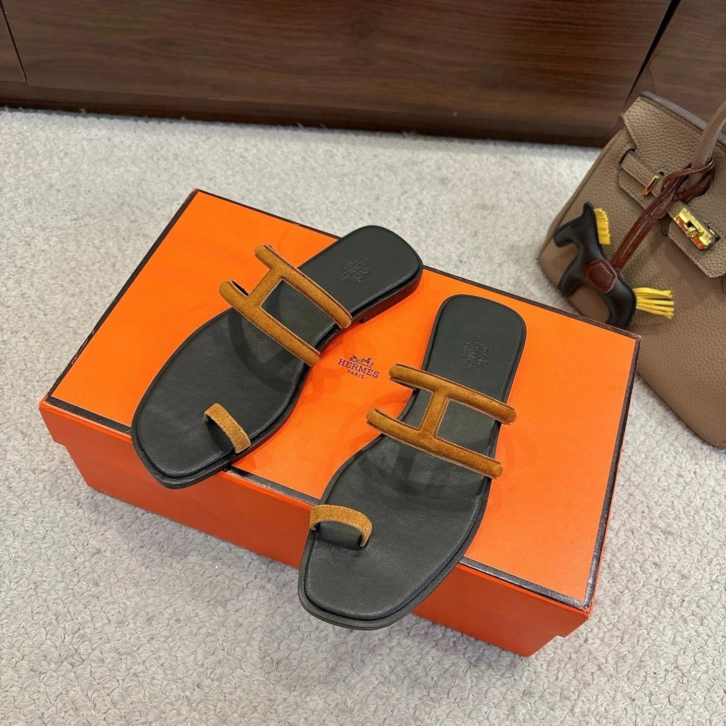 Hermes Georgia Sandals Brown in Suede 685981