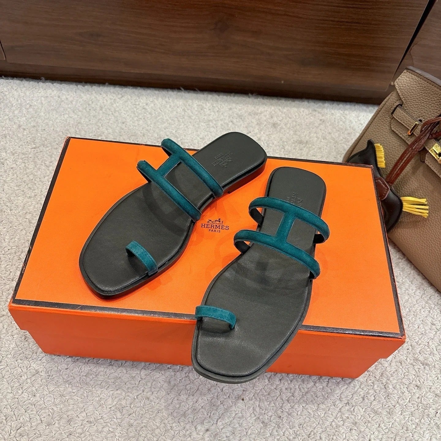 Hermes Georgia Sandals Deep Turquoise in Suede 685980
