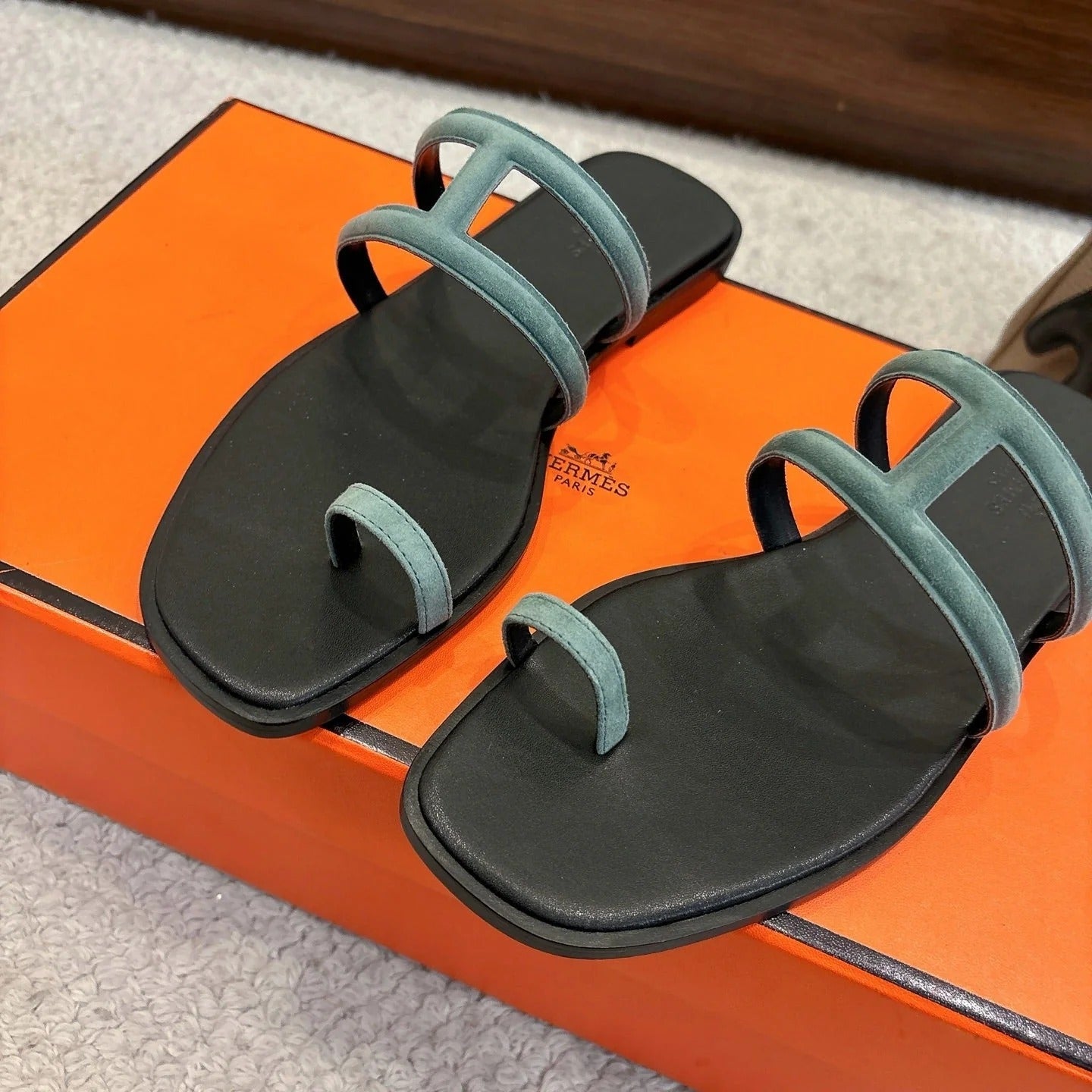 Hermes Georgia Sandals Sage Green in Suede 685982