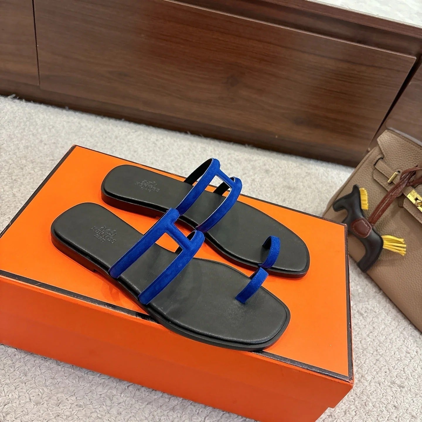 Hermes Georgia Sandals Dark Blue in Suede 685978