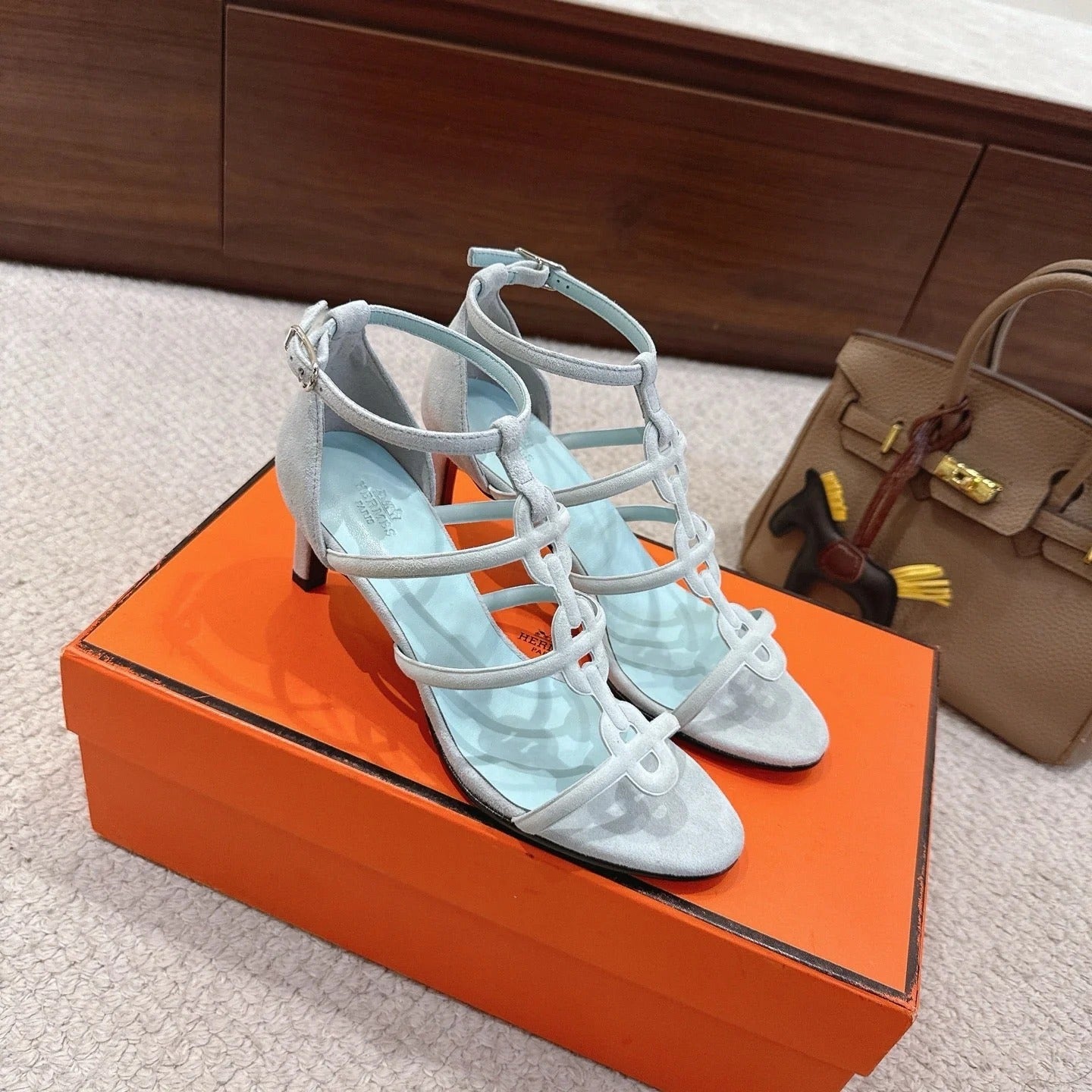 HM 26ss High Heels Sandals 70 Baby Blue Suede 686009