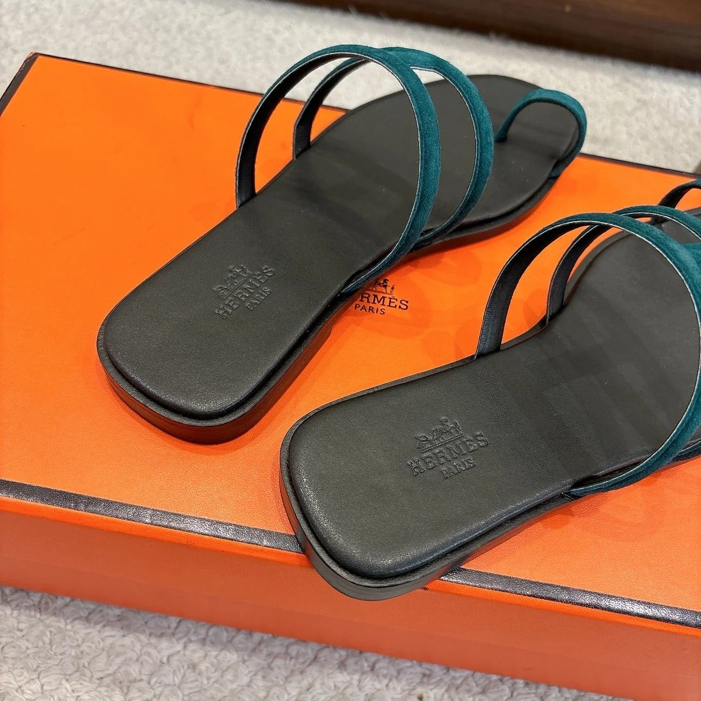 Hermes Georgia Sandals Deep Turquoise in Suede 685980