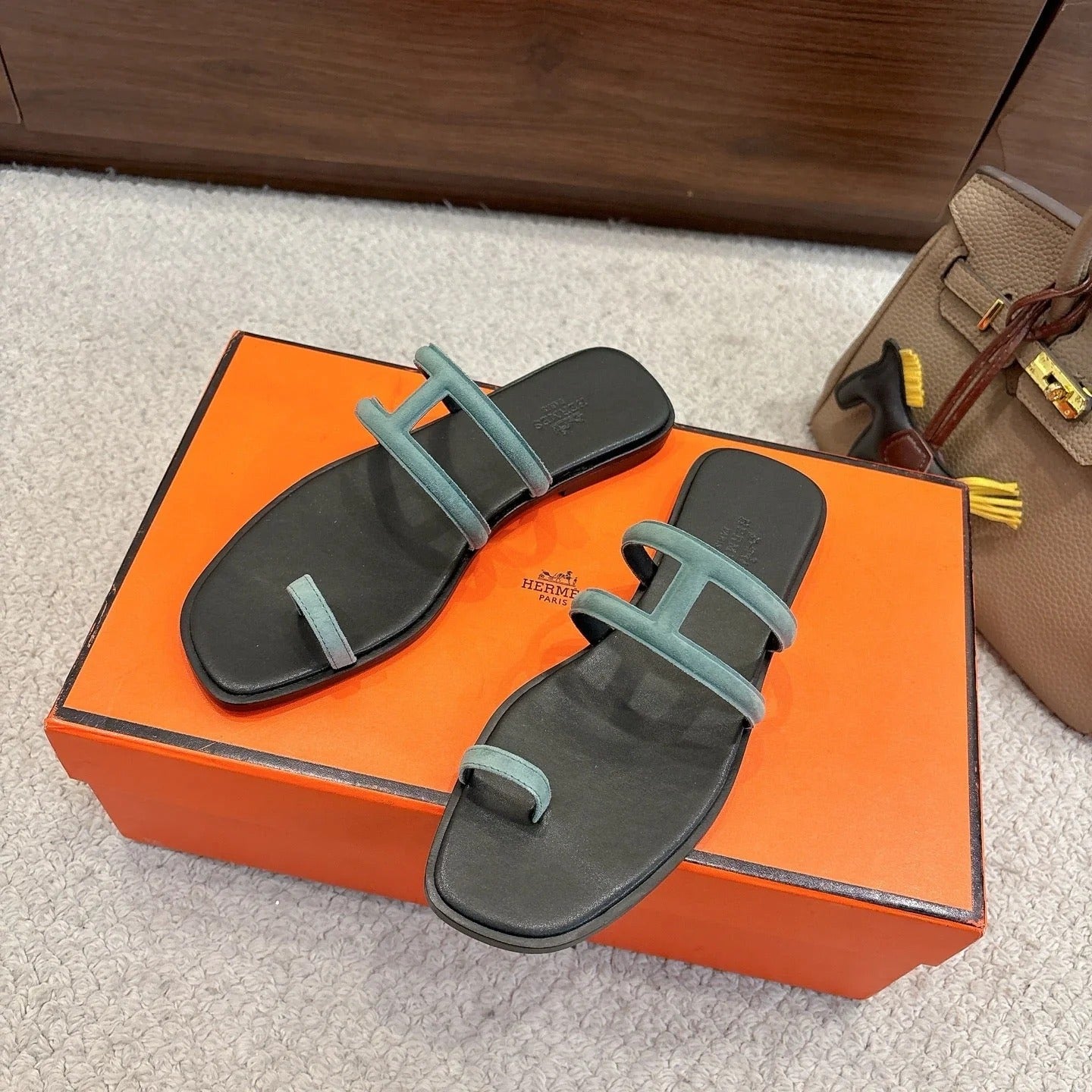 Hermes Georgia Sandals Sage Green in Suede 685982