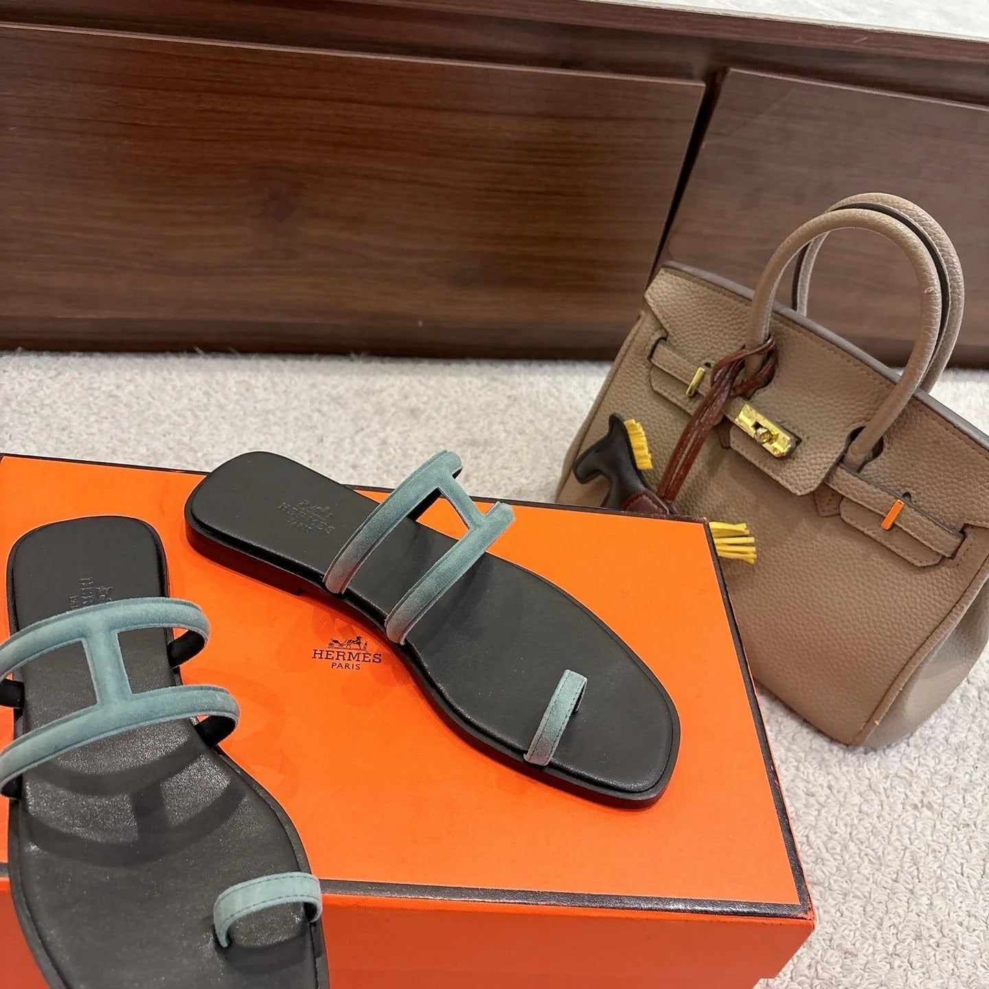 Hermes Georgia Sandals Sage Green in Suede 685982