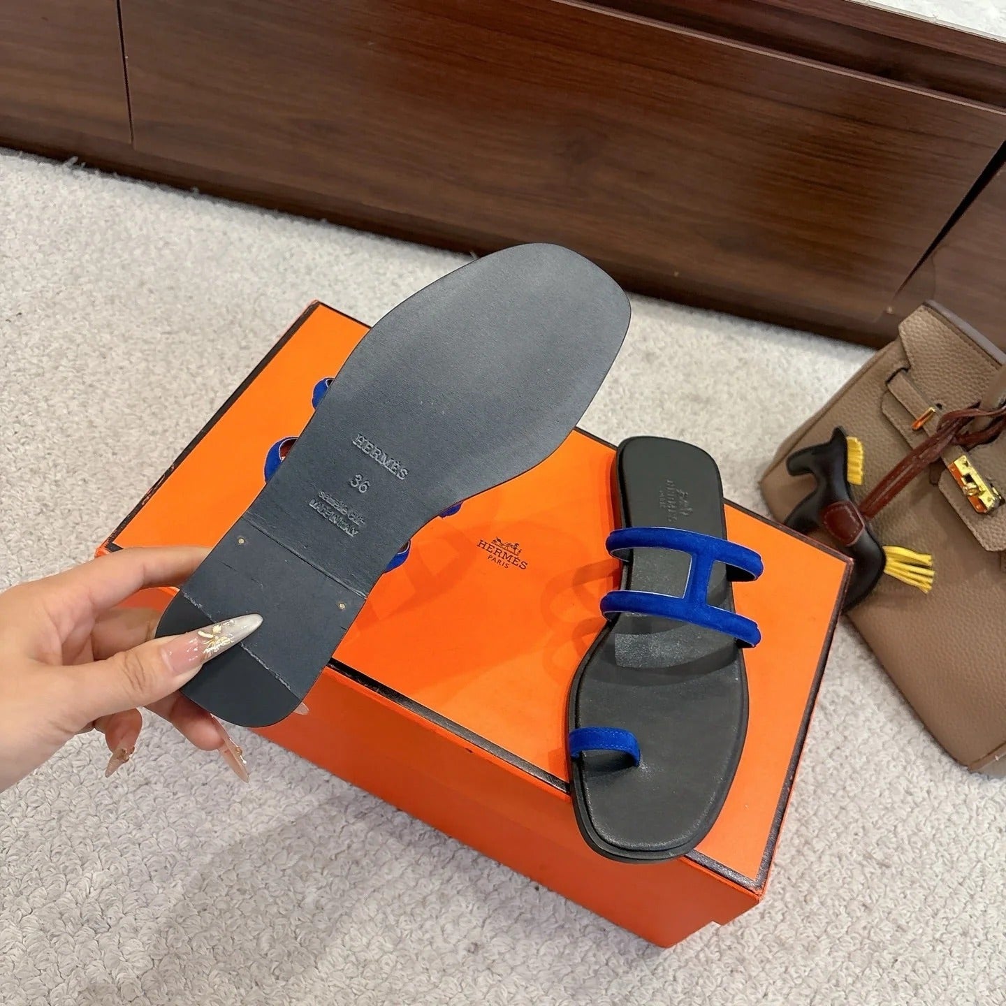 Hermes Georgia Sandals Dark Blue in Suede 685978