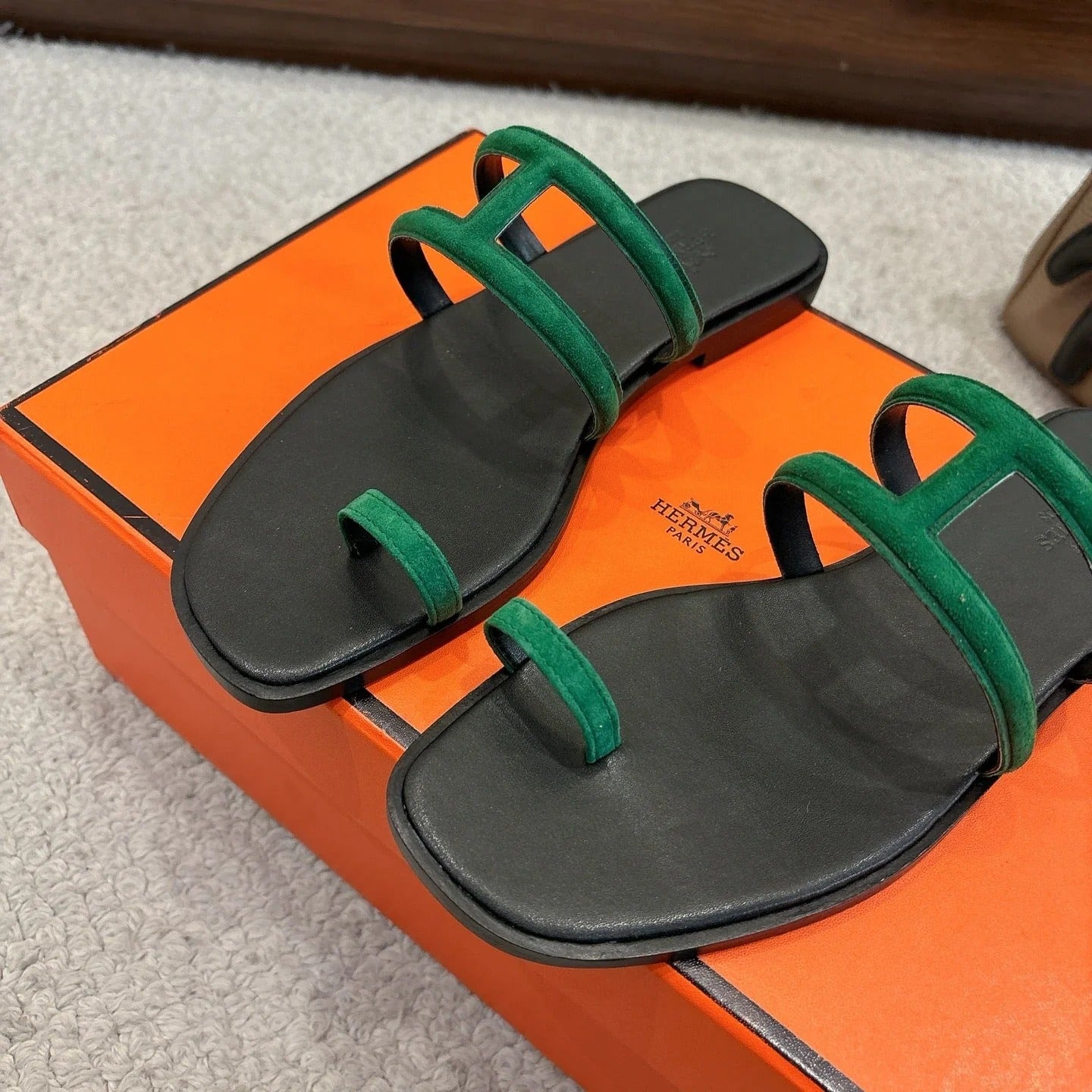 Hermes Georgia Sandals Green in Suede 685985