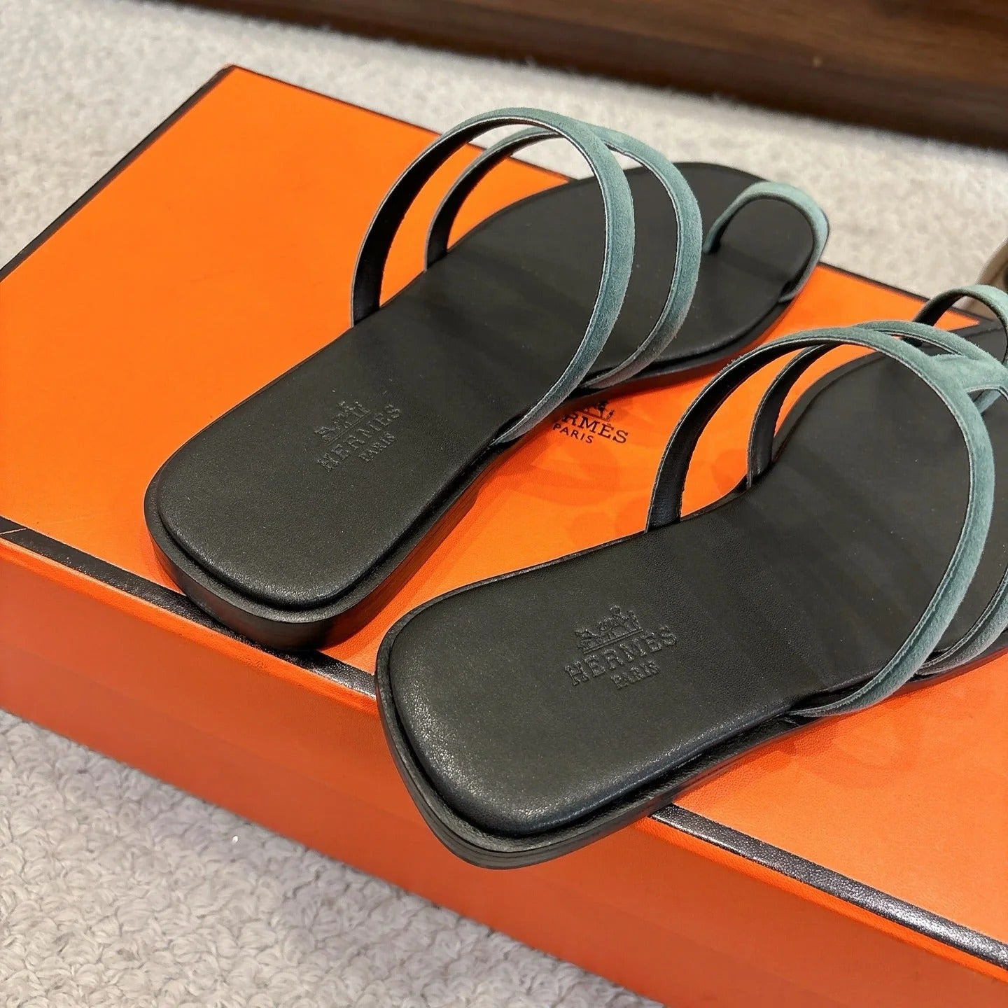 Hermes Georgia Sandals Sage Green in Suede 685982