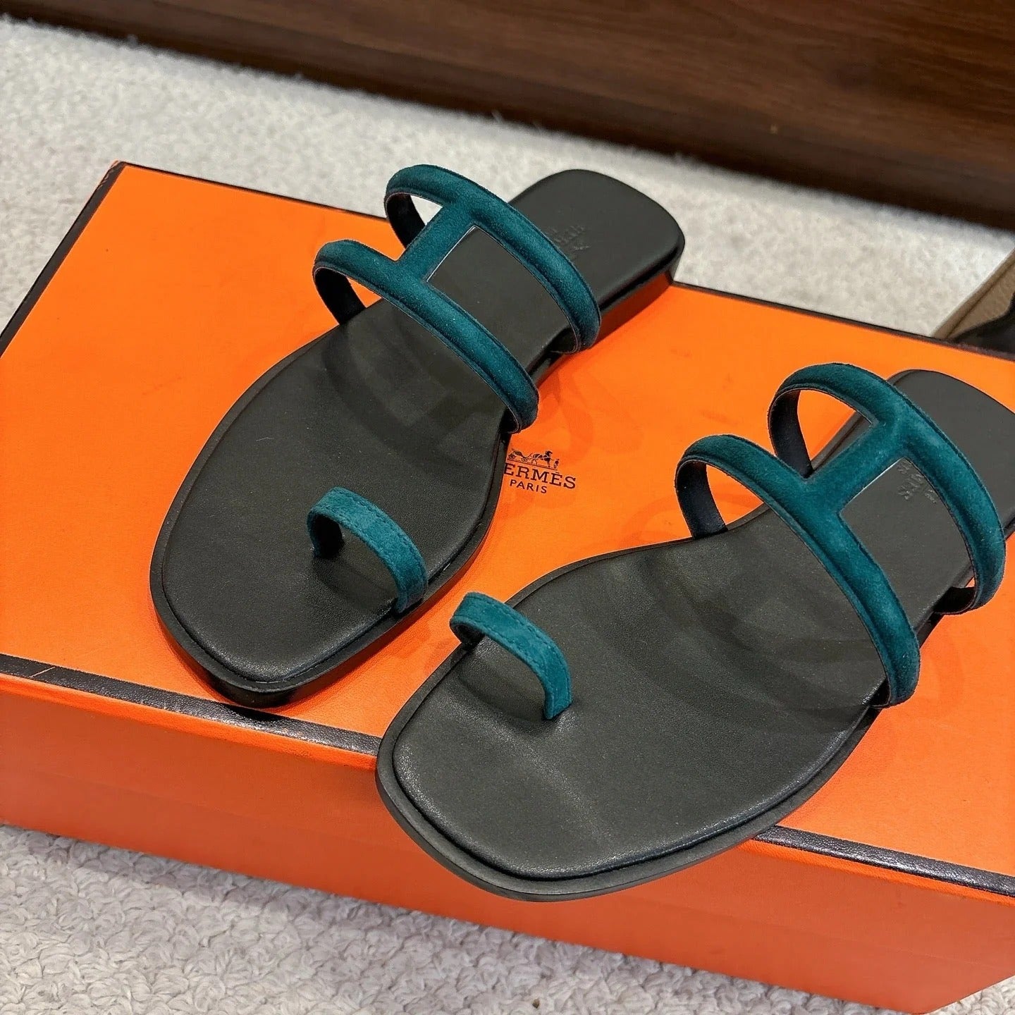 Hermes Georgia Sandals Deep Turquoise in Suede 685980