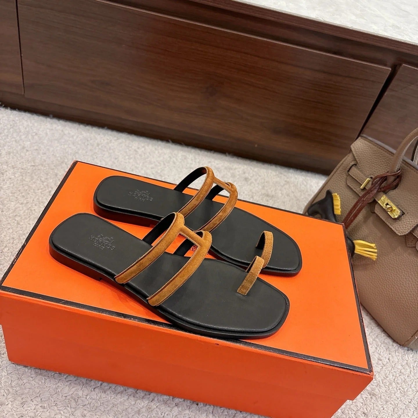 Hermes Georgia Sandals Brown in Suede 685981