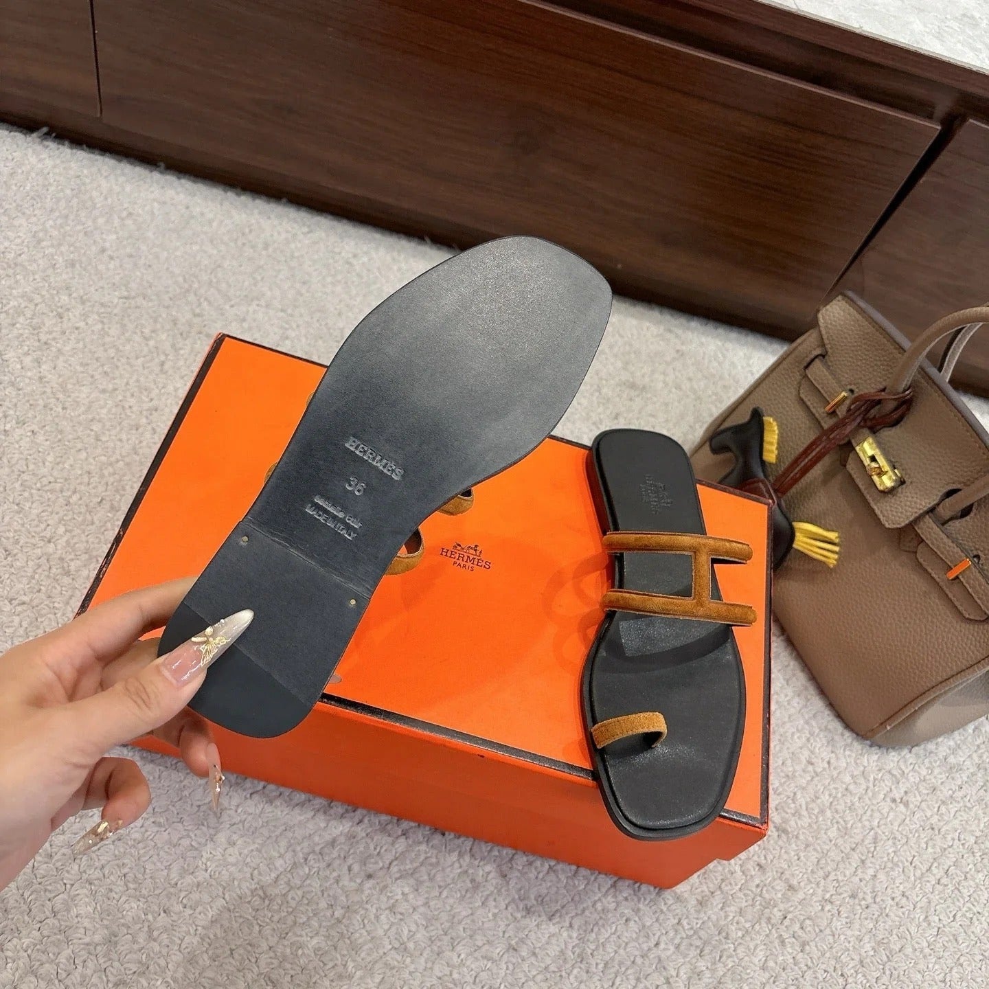 Hermes Georgia Sandals Brown in Suede 685981