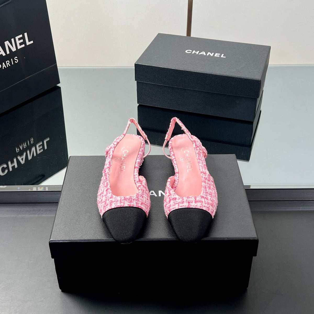 CC Slingback 2.5cm Hot Pink Black Tweed Fabric