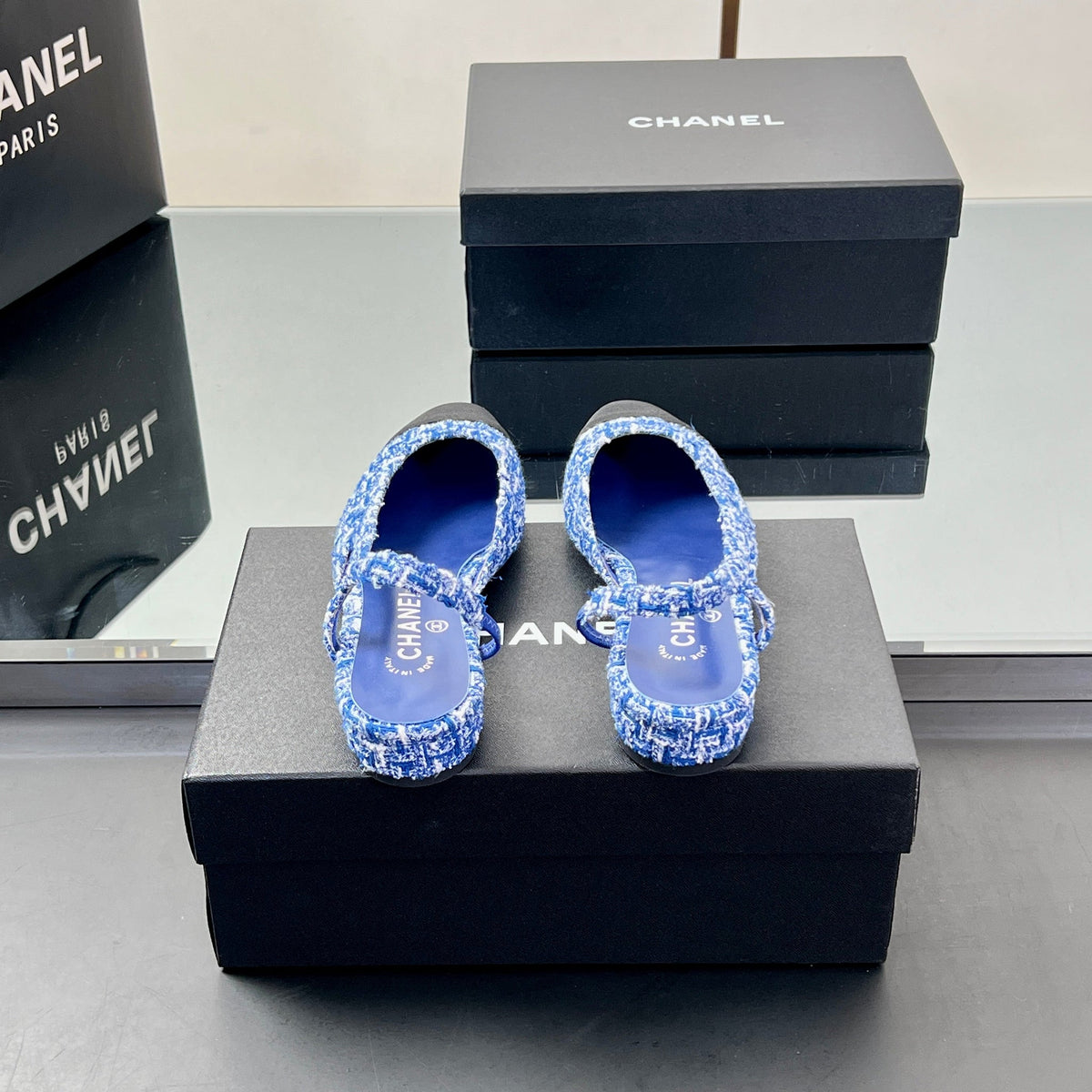 CC Slingback 2.5cm Cobalt Blue Black Tweed Fabric