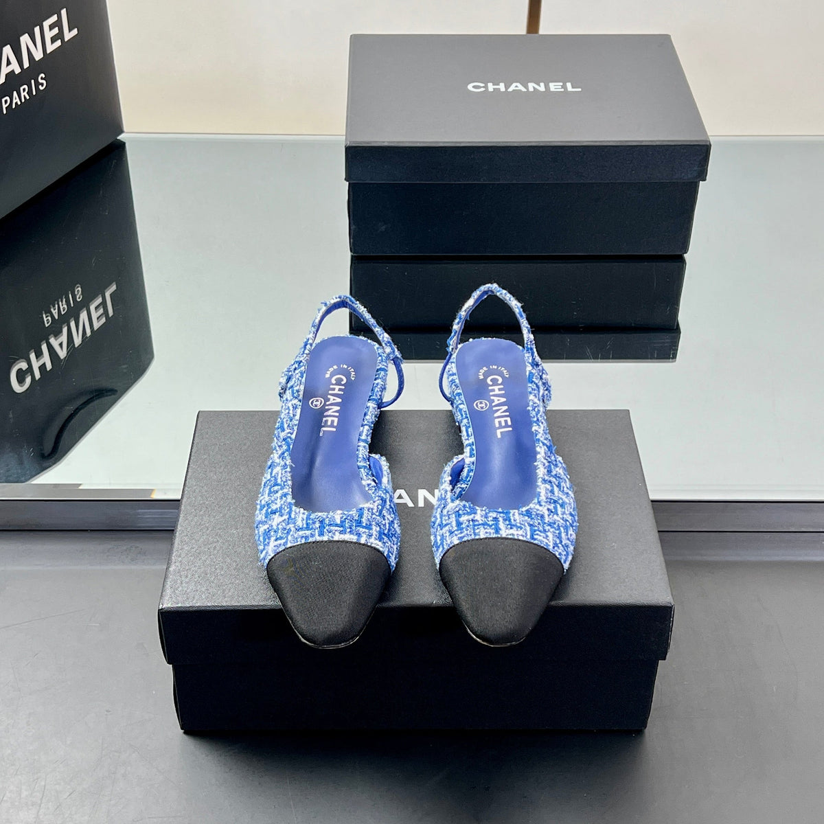 CC Slingback 2.5cm Cobalt Blue Black Tweed Fabric