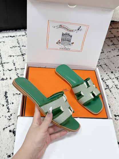 HM 26ss Oran Sandals Green White Canvas Cowhide 617215