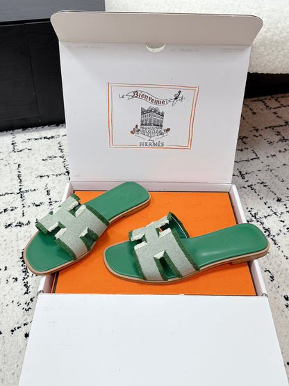 HM 26ss Oran Sandals Green White Canvas Cowhide 617215
