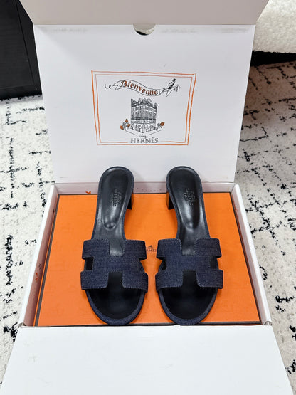 HM 26ss High-Heeled Sandals 50 Black Dark Blue Denim Cowhide 617222