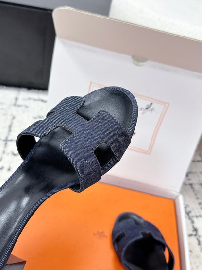 HM 26ss High-Heeled Sandals 50 Black Dark Blue Denim Cowhide 617222