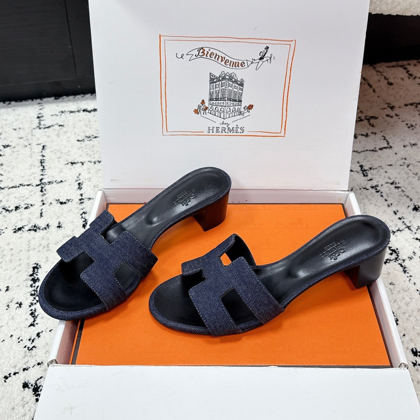 HM 26ss High-Heeled Sandals 50 Black Dark Blue Denim Cowhide 617222