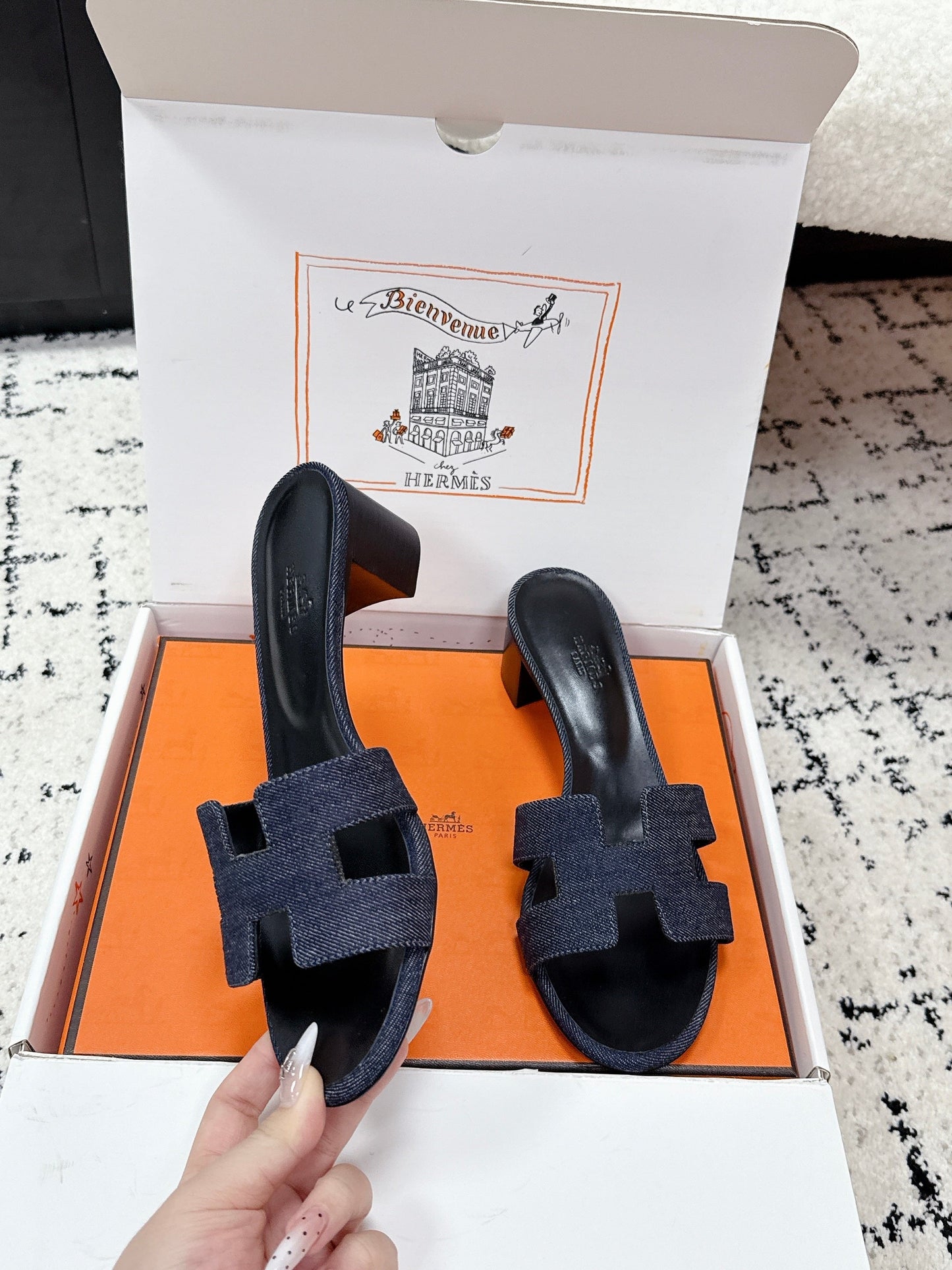 HM 26ss High-Heeled Sandals 50 Black Dark Blue Denim Cowhide 617222
