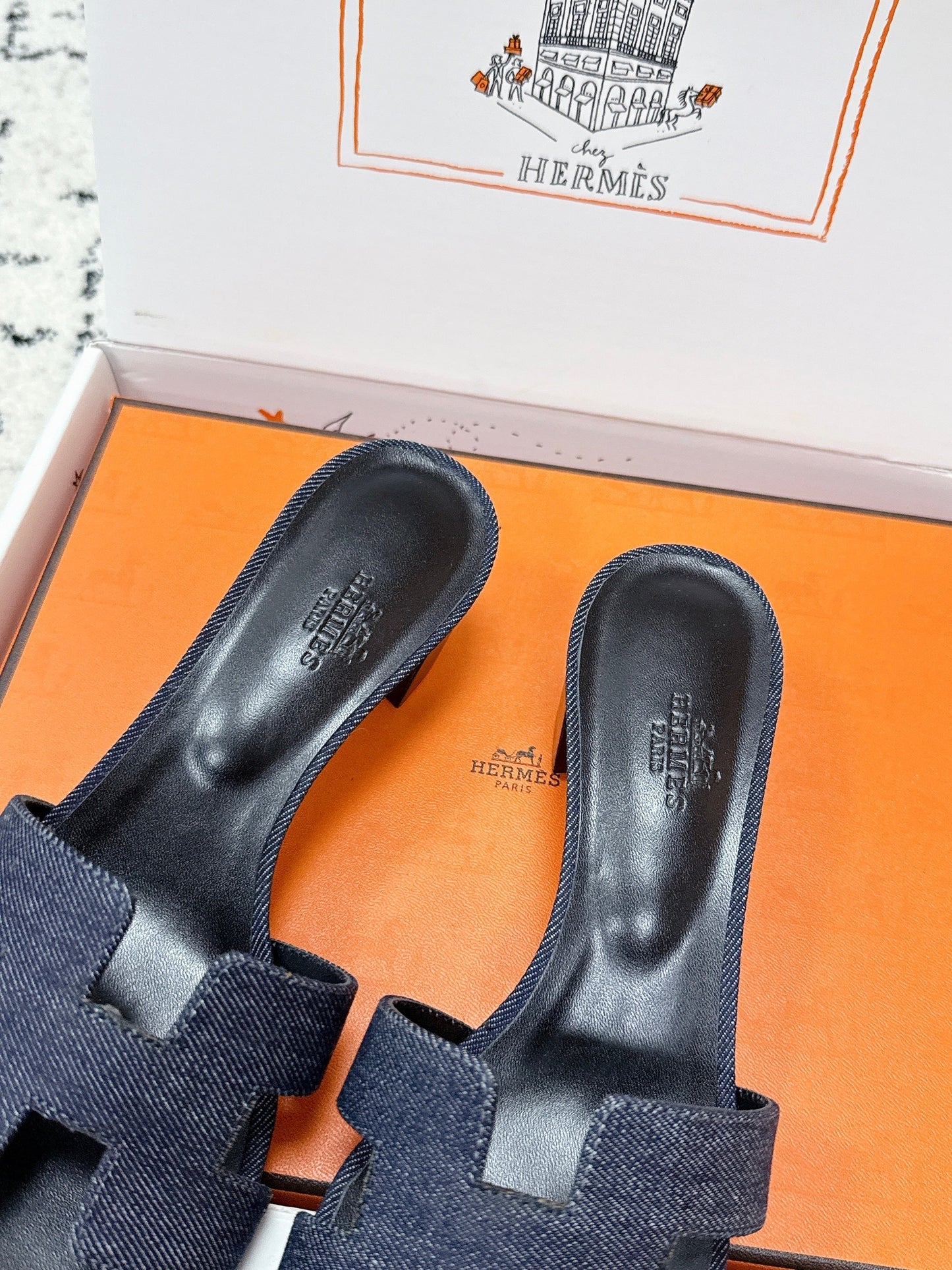 HM 26ss High-Heeled Sandals 50 Black Dark Blue Denim Cowhide 617222