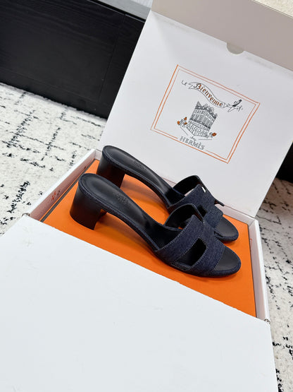 HM 26ss High-Heeled Sandals 50 Black Dark Blue Denim Cowhide 617222