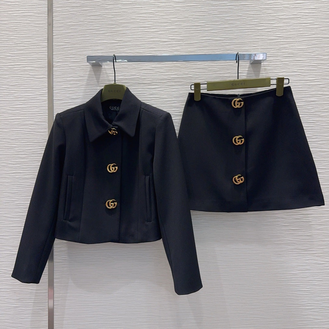 GG Crêpe Skirt With Double G Button Black Wool 346672
