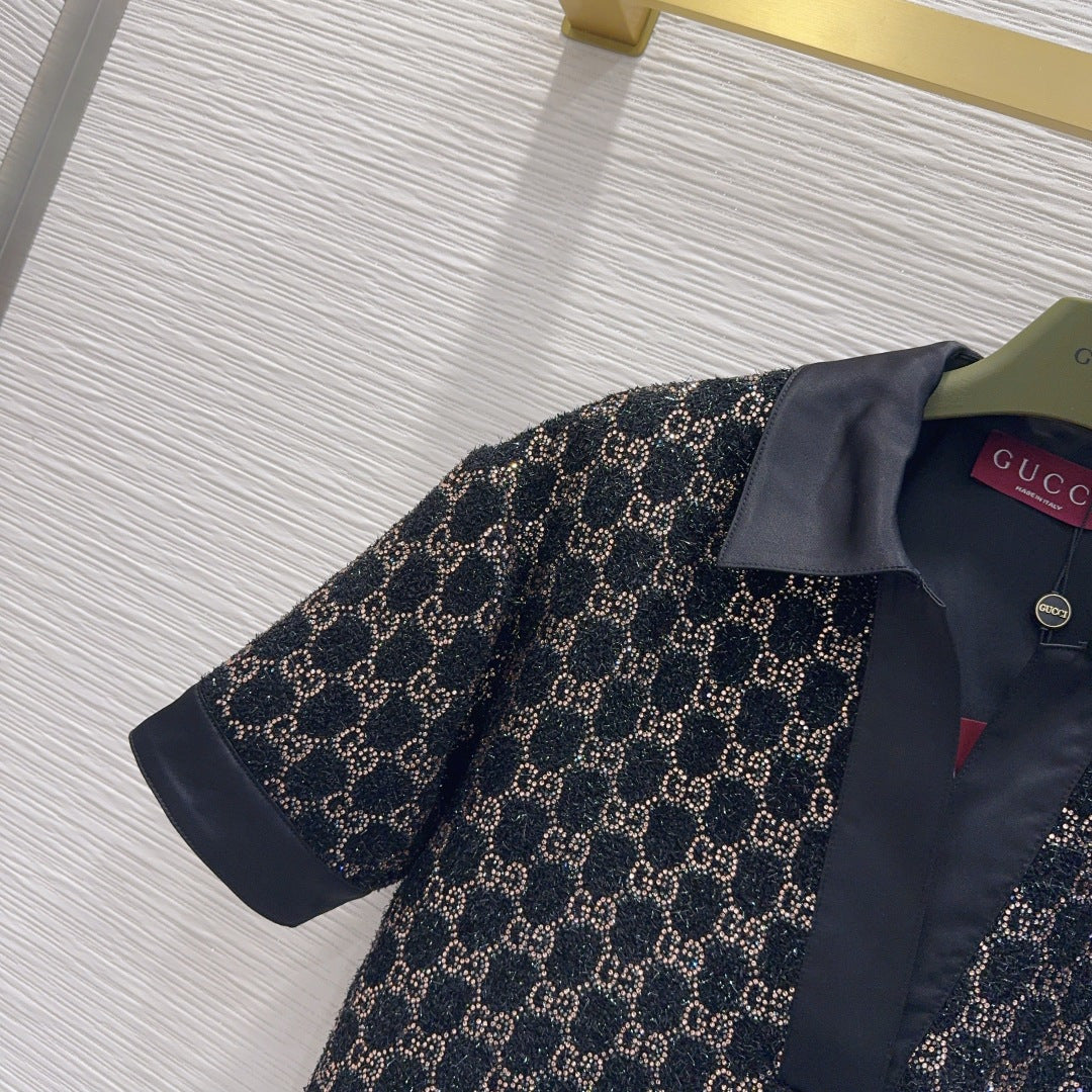 GG Embroidered Lamé T Shirr Wool Tweed 346768