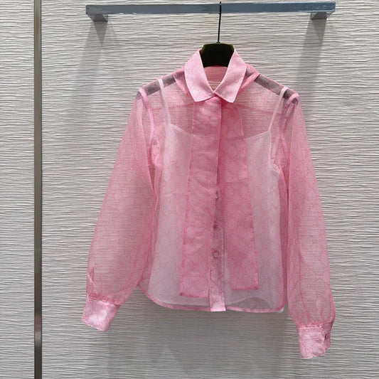 Gucci 2026 GG Tie-neck Printed Chiffon Shirt Pink Polyester 131877