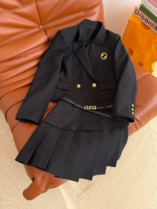 GG SS26Cropped Blazer Pleated Mini Skirt Set Black Cotton 347123